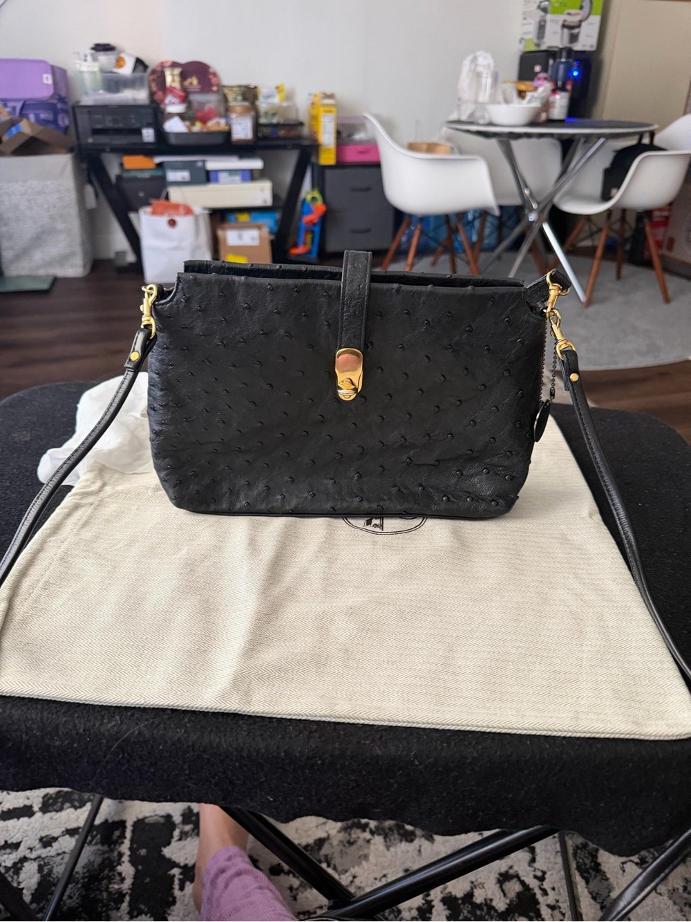 Black Ostrich-Texture Crossbody Bag with Gold Hardware